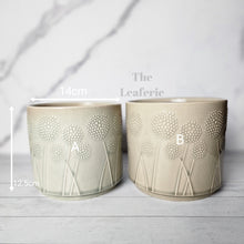 Load image into Gallery viewer, The Leaferie Dandelion Flowerpot ceramic plant pot with 2 designs. front view and size
