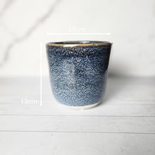 Load image into Gallery viewer, The Leaferie Elie planter  blue ceramic pot. front view and size
