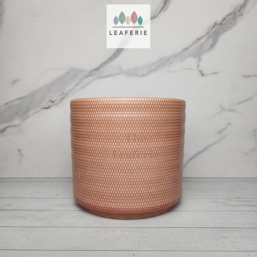 The Leaferie Blaise plant pot. pink ceramic flowerpot . front view