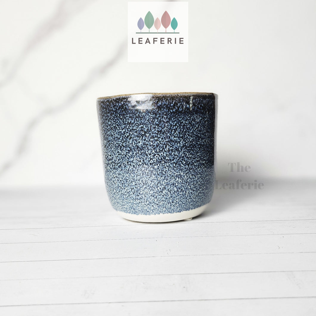 The Leaferie Elie planter  blue ceramic pot. front view