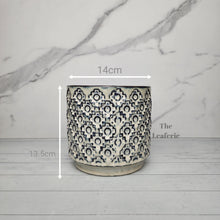Load image into Gallery viewer, The Leaferie Edmee plant pot blue tint ceramic pot. front view and size

