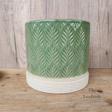 Load image into Gallery viewer, The Leaferie Beige patterned plant tray. pairing with green cossette pot
