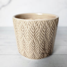 Load image into Gallery viewer, The Leaferie Maia Flowerpot. ceramic beige pot with leaf motif

