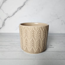 Load image into Gallery viewer, The Leaferie Maia Flowerpot. ceramic beige pot with leaf motif
