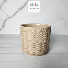 Load image into Gallery viewer, The Leaferie Maia Flowerpot. ceramic beige pot with leaf motif
