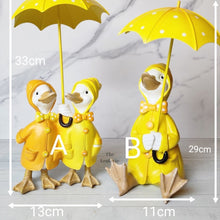 Load image into Gallery viewer, The Leaferie Damien the duck garden decoration.Yellow ducks with umbrella. 2 designs front view size
