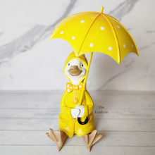 Load image into Gallery viewer, The Leaferie Damien the duck garden decoration.Yellow ducks with umbrella. 2 designs front view of Design B
