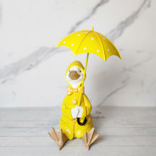 Load image into Gallery viewer, The Leaferie Damien the duck garden decoration.Yellow ducks with umbrella. 2 designs front view of Design B

