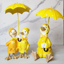 Load image into Gallery viewer, The Leaferie Damien the duck garden decoration.Yellow ducks with umbrella. 2 designs front view designs
