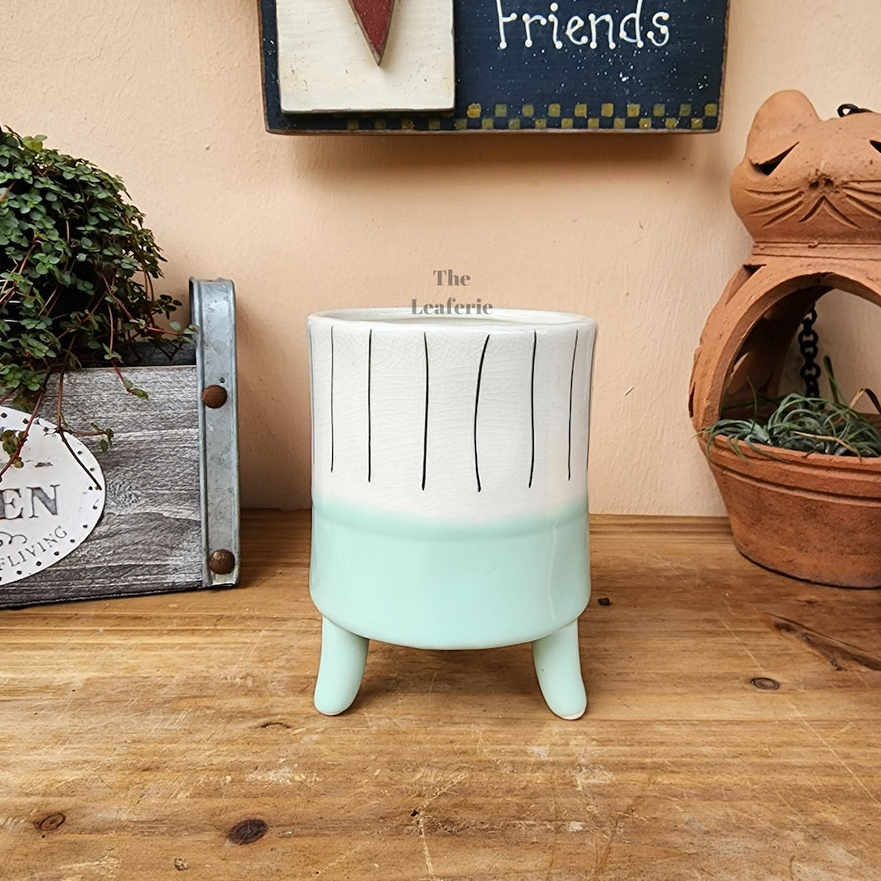 The Leaferie Rosalie mini pot with stand. 4 designs ceramic pot. Green Pot C