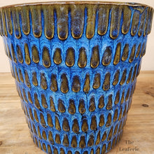 Load image into Gallery viewer, The Leaferie Finola plant pot. ceramic blue planter . front view close up
