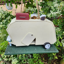 Load image into Gallery viewer, The Leaferie Hanging Caravan Bird house garden decoration. Made from wood. Back of caravan
