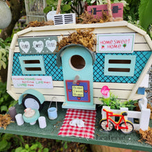 Load image into Gallery viewer, The Leaferie Hanging Caravan Bird house garden decoration. Made from wood. 
