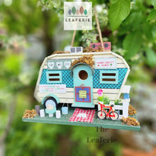 Load image into Gallery viewer, The Leaferie Hanging Caravan Bird house garden decoration. Made from wood. 
