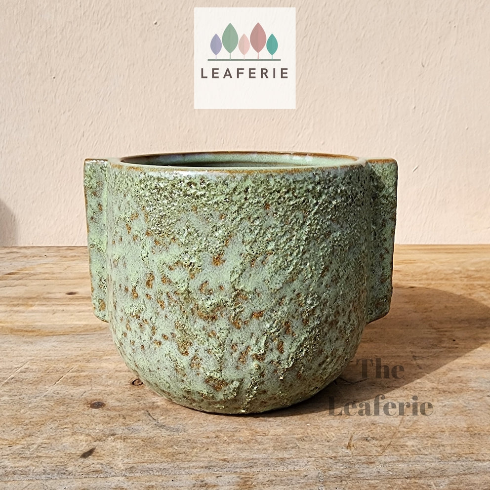 The Leaferie Gwenhael Greenish rough texture planter. ceramic material
