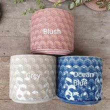 Load image into Gallery viewer, The Leaferie Diamante pot. ceramic 3 colours grey, blush and blue . front view 
