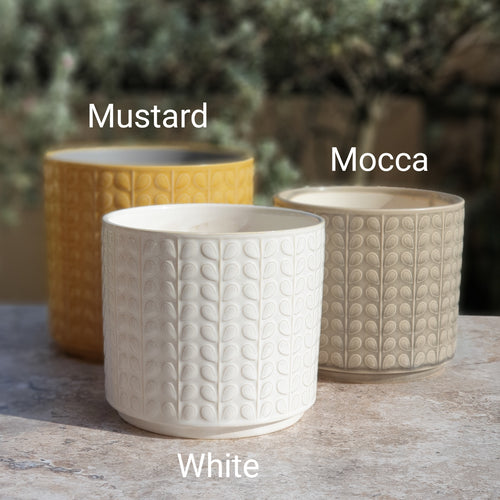 The Leaferie Corsica plant pot. 2 sizes. front view of mustard, mocca na white colour.